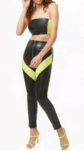 Moto Lime Green Racing Stripe Black Faux Leather Ankle pants Tube Top Se... - $24.75