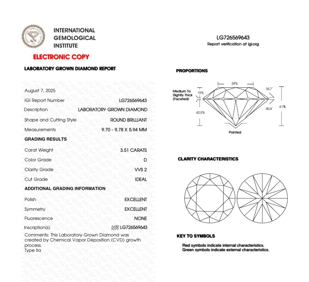 Round Excellent Cut 3.51 Cts D VVS2 IGI Certified CVD Lab Grown Loose Diamonds Item image 2
