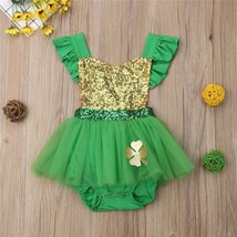 NEW Baby Girl St Patricks Day Gold Sequin Green Shamrock Romper Jumpsuit Dress - £8.78 GBP