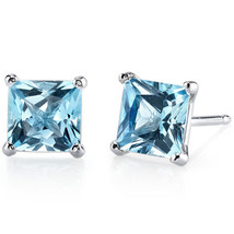 14k White Gold Princess Cut Swiss Blue Topaz Gemstone Stud Earrings - £85.39 GBP