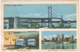 Postcard Ambassador Bridge Trolley Busses Detroit Waterfront Windsor Ontario - $3.95