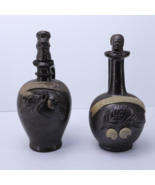 Pair of Vintage French Stoneware Pottery Jug Carved Stoppers Calvados - $58.40