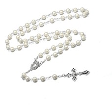 Catholic Pearl Beads Rosary Necklace Metal Beaded Miraculous - £37.46 GBP