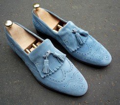 New Men&#39;s Sky Blue Tassel Loafer Wing Tip Brogue Toe Genuine Suede Leather Shoes - £115.09 GBP