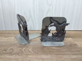 Pewter Metal Mallard Duck Bookends One In Flight Two Swimming Cattails v... - $15.42
