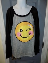 Justice BLACK/GRAY Knit Long Sleeve Smiling Face Shirt Size 12 Girl&#39;s Euc - £13.78 GBP