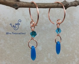 Handmade copper hoop earrings: wire wrapped blue crystal and dagger bead dangle - £17.24 GBP