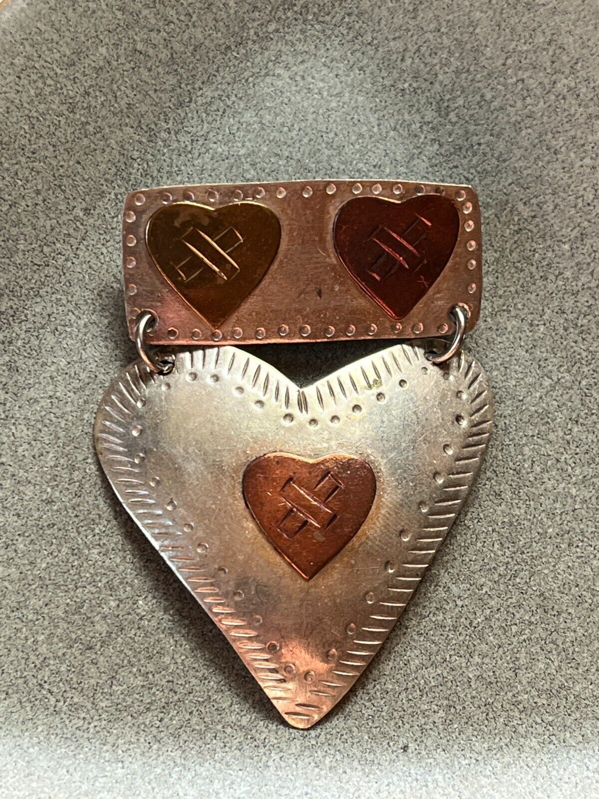 Primary image for Large Thin Silvertone Bar w Etched Goldtone & Copper Heart & Large HEART Dangle