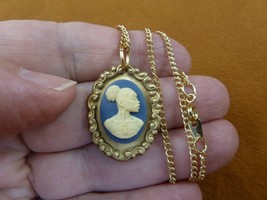 CA30-55 RARE African American LADY blue + ivory CAMEO brass Pendant necklace - £19.78 GBP