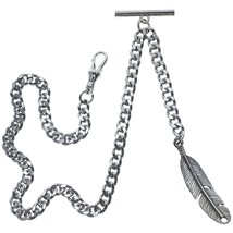Albert Chain Silver Color Pocket Watch Chain for Men with Feather Fob T Bar AC51 - £9.87 GBP+