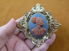 (CA20-74) RARE African American LADY blue + brown CAMEO oval brass Pin Pendant - £28.39 GBP