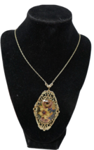 1928 Colorful Flower Floral Gold Tone Filigree Pendant &amp; Necklace - £31.96 GBP