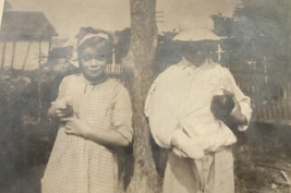 Antique Photo Cute Girl Boy Hat Holding Chicken Hens Chick Pullets ca 1920 - £13.59 GBP