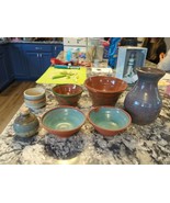 random lot of 7 hand thrown pottery bowls vases - signed - $19.80