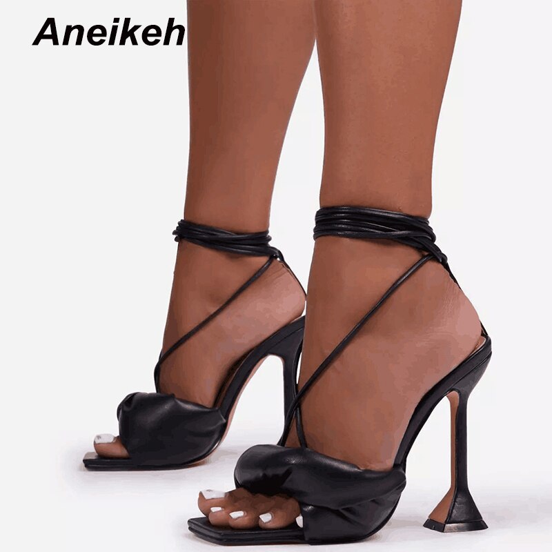 Primary image for Aneikeh 2021 NEW Sexy PU Cross-Tied Sandales Summer Peep Toe High Heel Solid Fas