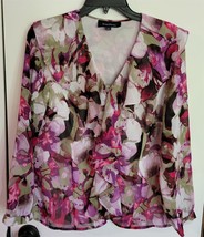 Womens 8 Evan-Picone Ruffled V-Neck Multicolor Floral Shirt Top Blouse - £15.00 GBP
