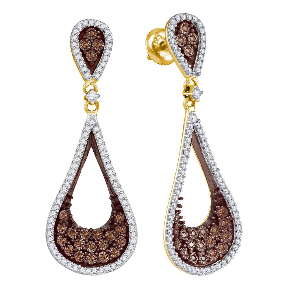 Primary image for 10k Yellow Gold Round Brown Diamond Teardrop Dangle Earrings 1.00 Cttw