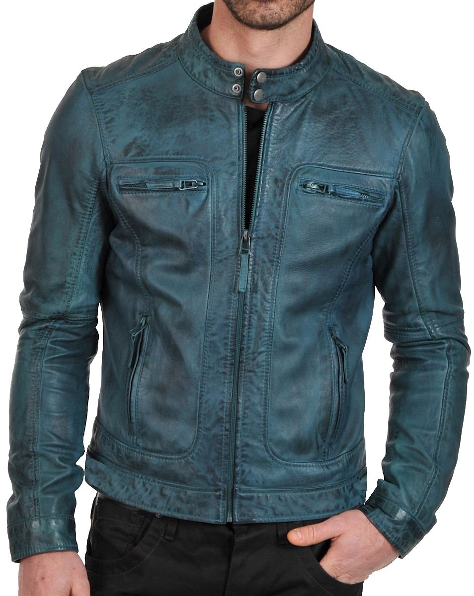 Primary image for Men’s Biker Vintage Cafe Racer Teal Waxed Leather Fashion Jacket - BNWT