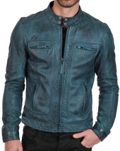 Men’s Biker Vintage Cafe Racer Teal Waxed Leather Fashion Jacket - BNWT - £102.23 GBP
