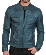 Men’s Biker Vintage Cafe Racer Teal Waxed Leather Fashion Jacket - BNWT - £101.80 GBP