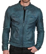 Men’s Biker Vintage Cafe Racer Teal Waxed Leather Fashion Jacket - BNWT - £102.61 GBP