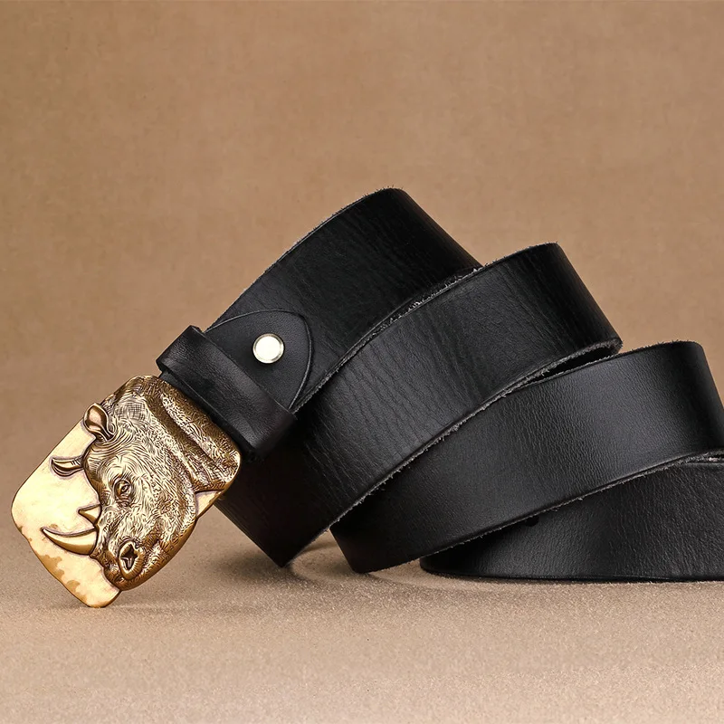 Unique er Mens Rhino Head Pattern Brass Smooth Belts Scale Cowskin Leat-105CM