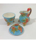 Sugar Bowl with Lid and Creamer Set Blue and Orange Green Leaves Design - £19.63 GBP