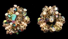 Vintage RETRO Earrings Green Aurora Borealis Crystal Pearl Clip-On 1950S - $28.51
