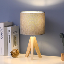 DEWENWILS Mid Century Table Lamp, Wooden Tripod Nightstand Lamp with Linen Fabri - £52.71 GBP