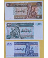 Burma Myanmar Set of 3  Banknotes: 10, 20, 50, UNC - $3.95