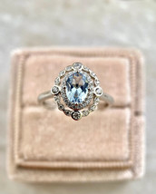 Natural Aquamarine Ring- Sterling Silver Ring- Hidden Halo Engagement Ring - £43.78 GBP