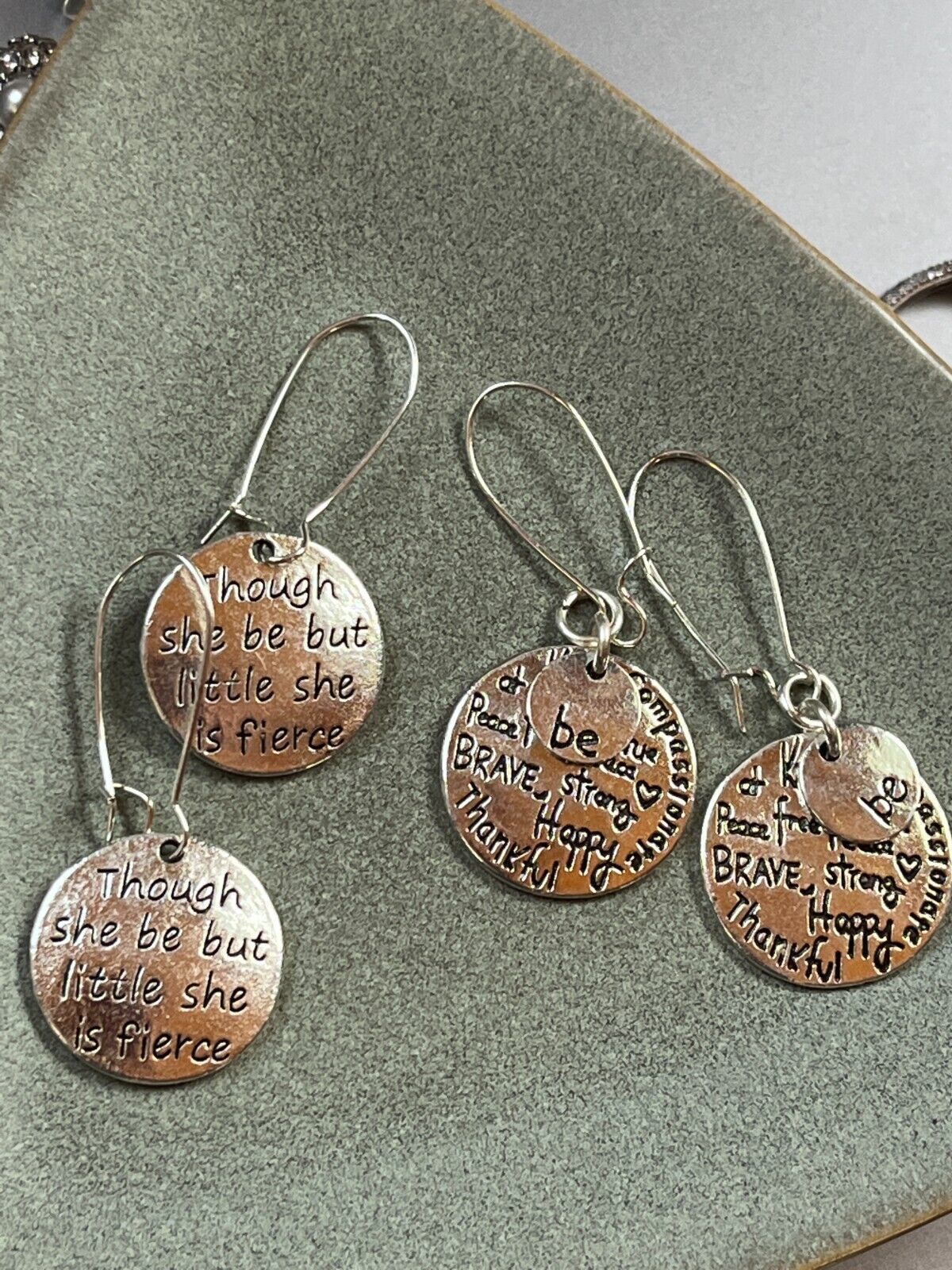 Primary image for Lot of Thin Silvertone Disks w Inspirational Sayings Dangle Earrings for Pierced