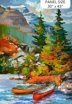 30&quot; X 43&quot; Panel Silent Lake Canoe Water Mountains Cotton Fabric Panel D4... - $14.13