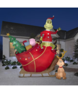 CHRISTMAS SANTA GRINCH ON SLED SLEIGH MAX DOG 12 FT Airblown Inflatable GEMMY - $242.17