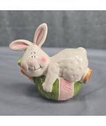 Bunny on Egg Porcelain Figurine Rabbit with Carrot On Green and Pink Eas... - $7.84