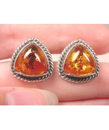 (PE40-1-Z) ORANGE AMBER Poland .925 Sterling SILVER triangle stud EARRINGS - $61.53 CAD