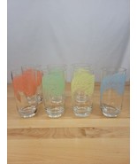 Vintage Set of 7 Glass Tumblers Pastel Feathers pink yellow green blue 80s - £23.56 GBP
