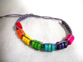 LAVENDER PURPLE MACRAME w COLORFUL RAINBOW WOOD BEADS TIE ON BRACELET OR... - $91.40 MXN