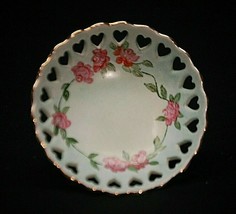 Vintage Footed Ceramic Mini Compote Bowl Heart Pierced Sides Rose Designs - £13.48 GBP