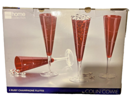 NOS JC Penny Home Collection 4 Ruby Champagne Flutes by Colin Cowie 9.75&quot; Etched - £70.33 GBP