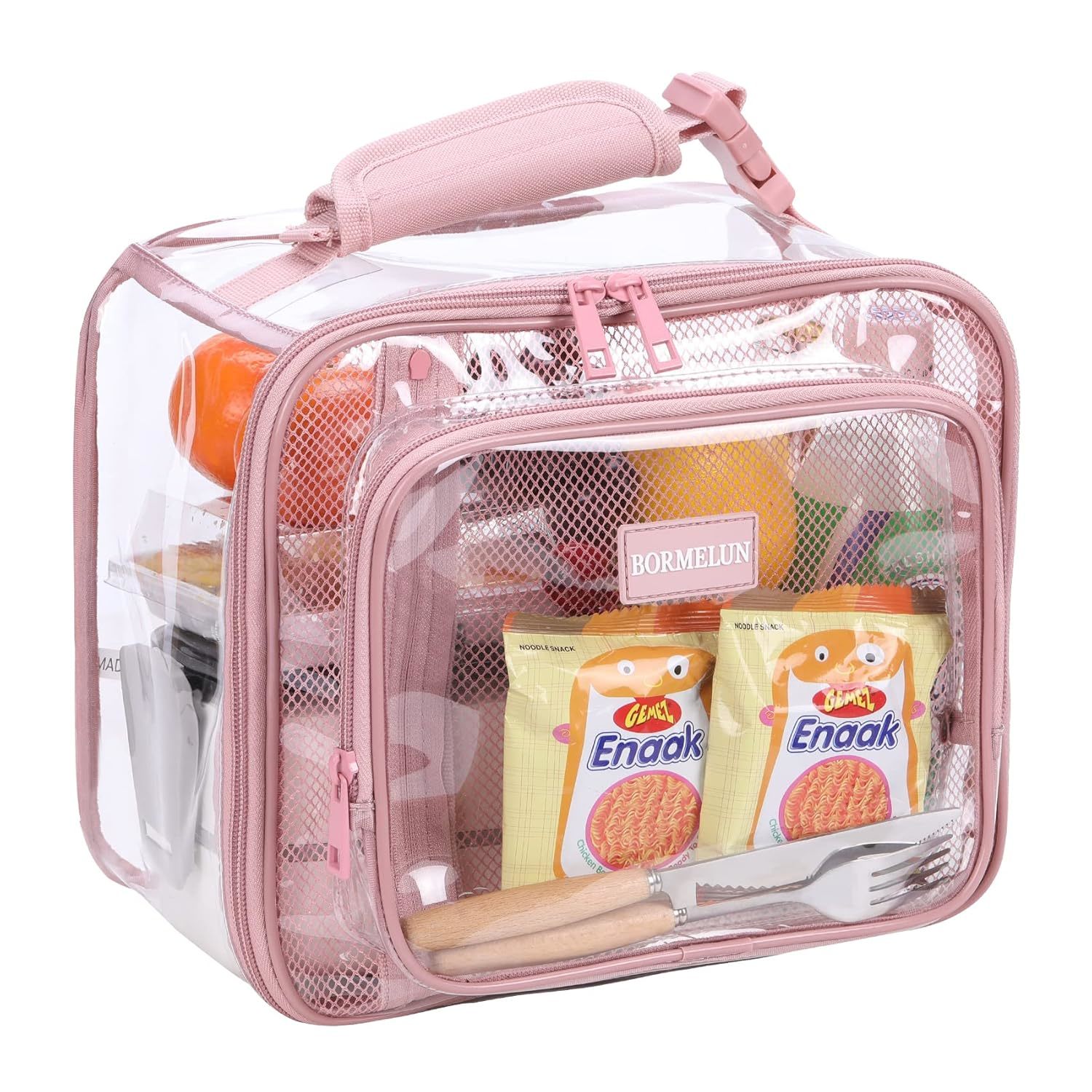 Large Pink Clear Lunch Bags,See Through Plastic Lunch Box Tote Handle For Women