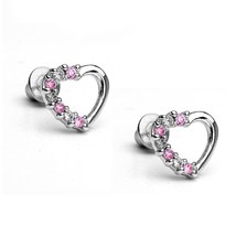 14K Weiß Vergoldet Rosa Cz Offenes Herz Kinder Schraube Hinten Mädchen O... - $20.56