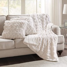 Comfort Spaces Ruched Faux Fur Plush 3 Piece Throw Blanket Set Ultra Soft, Ivory - £41.68 GBP