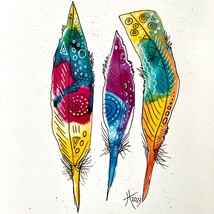 Feather Party Original Colorful India Ink Wall Art Painting 11x14in Matted - £104.74 GBP