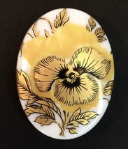 Vintage Painted Porcelain Yellow &amp; Gold Pansy Brooch Flower Pin Oval Oblong - £15.95 GBP