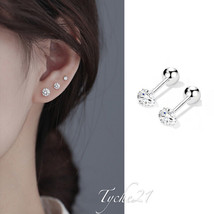 Womens Girls Silver Round Cubic Zirconia Stud Earrings 316L Surgical Steel 2-6mm - £4.81 GBP+
