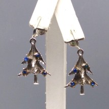 Vintage Christmas Tree Earrings, Silver Tone Dimensional Dangles with Blue - £39.29 GBP