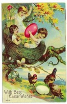 Vintage c1910s Embossed Easter Postcard Unposted Girls In Nest Birds Big Eggs - £15.50 GBP