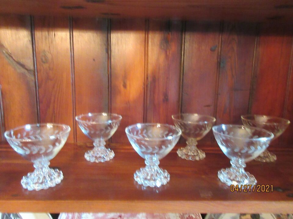 Primary image for SIX VINTAGE ETCHED CLEAR GLASS SHERBERT OR DESSERT GLASSES WITH UNIQUE BOTTOMS