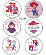 #36 RED HAT FUNNY BUTTONS 6PC TABLE FAVORS FOR RED HAT LADIES OF SOCIETY PARTIES - $6.99